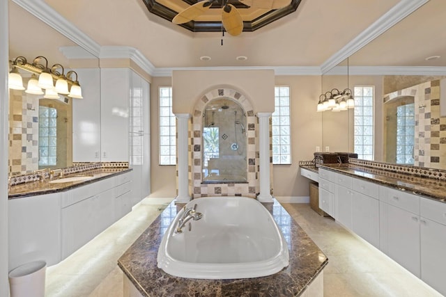 bathroom featuring ornate columns, backsplash, shower with separate bathtub, vanity, and ornamental molding