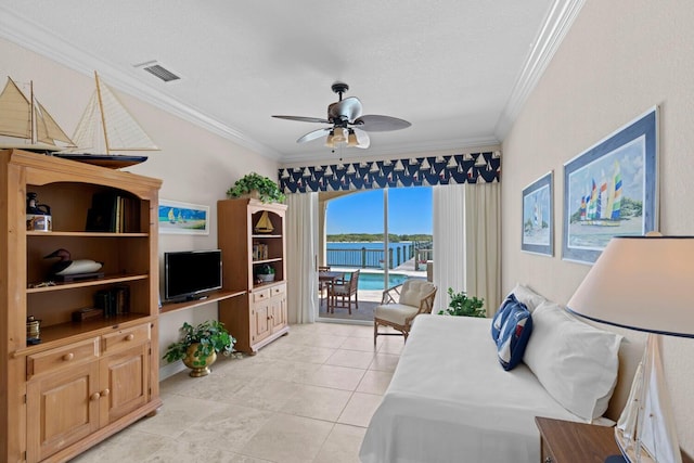 tiled bedroom featuring ceiling fan, ornamental molding, and access to outside