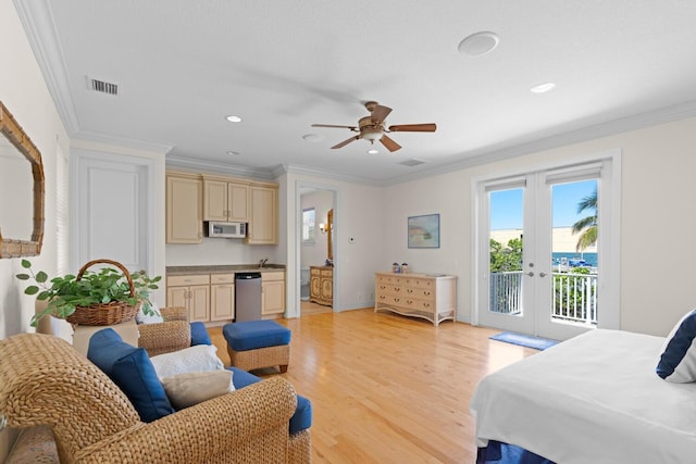 bedroom with ceiling fan, access to exterior, crown molding, and french doors