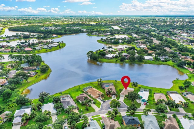 aerial view featuring a water view