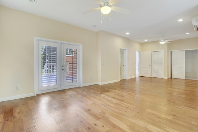 unfurnished room featuring a ceiling fan, recessed lighting, baseboards, and light wood finished floors