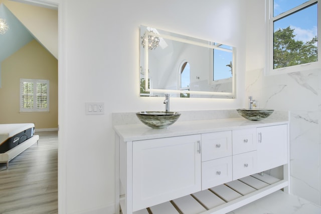 bathroom featuring double vanity, plenty of natural light, and a sink