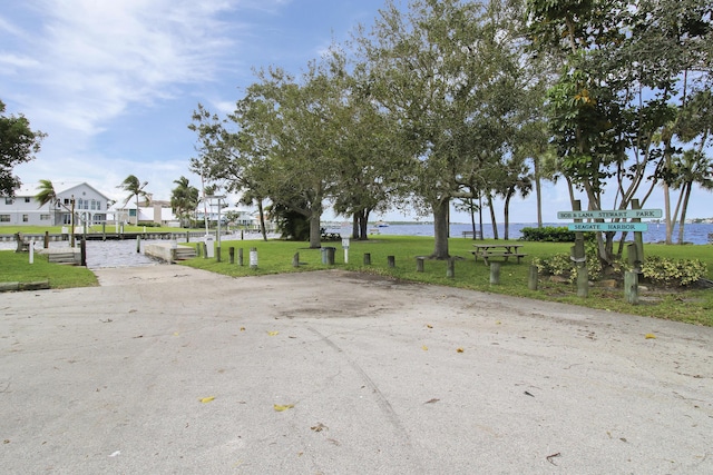 view of street with a water view