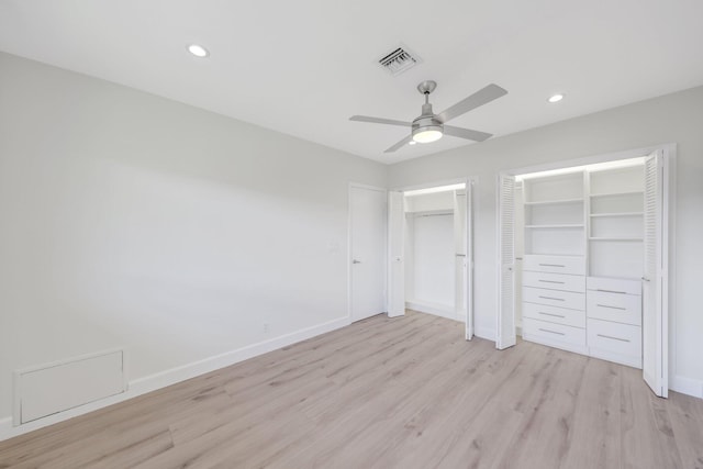 unfurnished bedroom featuring ceiling fan and light hardwood / wood-style floors