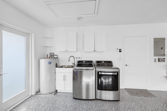 washroom featuring cabinets, electric water heater, washer and clothes dryer, sink, and electric panel