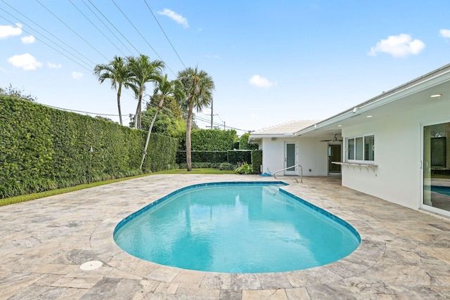 view of swimming pool featuring ceiling fan and a patio area