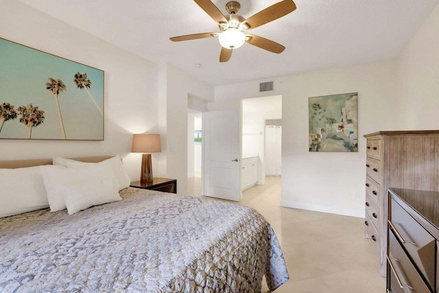 bedroom with connected bathroom and ceiling fan