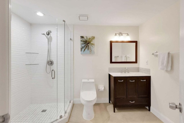 bathroom featuring tile patterned flooring, vanity, toilet, and a shower with door