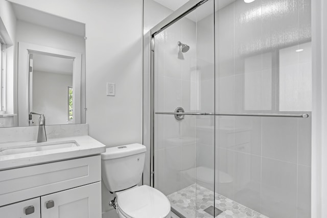 bathroom with vanity, toilet, and a shower with shower door