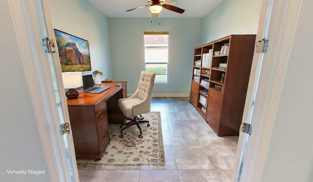 office area featuring ceiling fan and light tile patterned floors