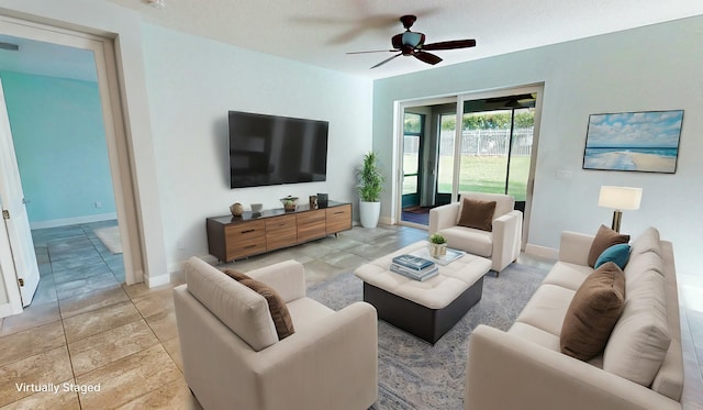 living room with ceiling fan