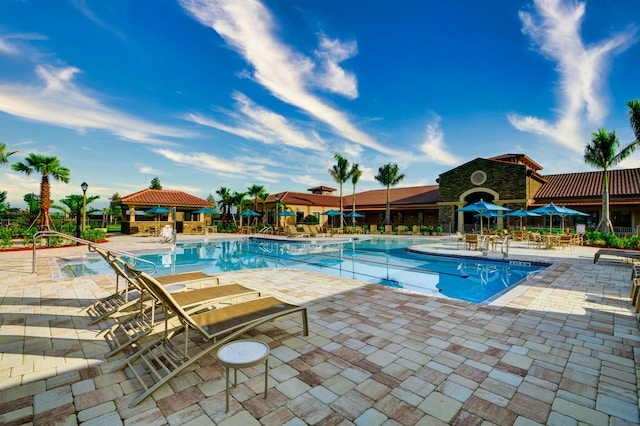 view of pool with a gazebo and a patio