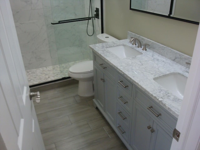 bathroom with toilet, vanity, and tiled shower