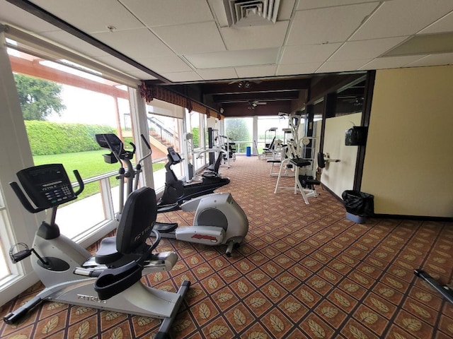 gym featuring a paneled ceiling and carpet floors