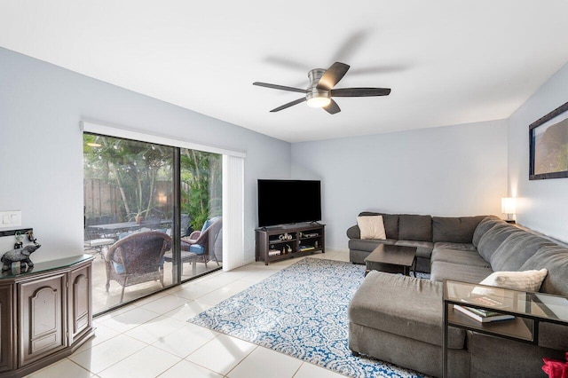 tiled living room featuring ceiling fan