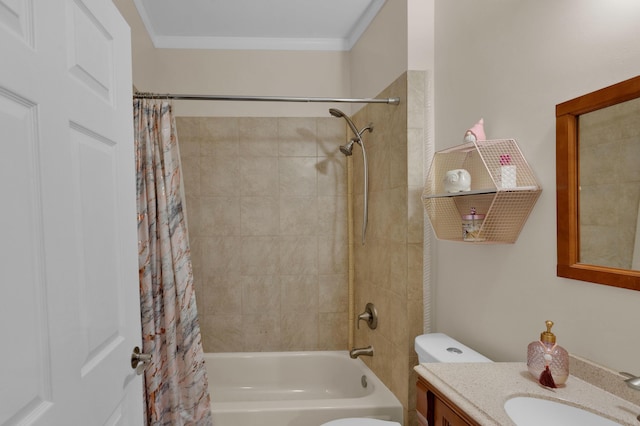 full bathroom featuring vanity, toilet, ornamental molding, and shower / bath combo