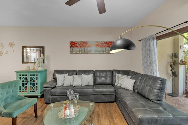 living room with ceiling fan and wood-type flooring