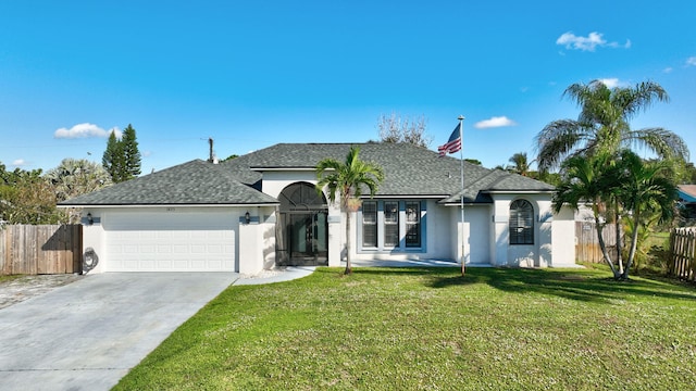 ranch-style home with a front yard and a garage