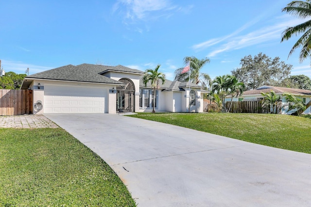 view of front of property featuring a garage and a front lawn