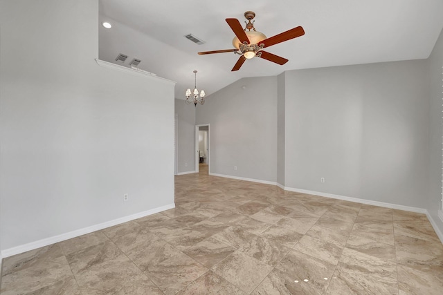 spare room with ceiling fan with notable chandelier and lofted ceiling