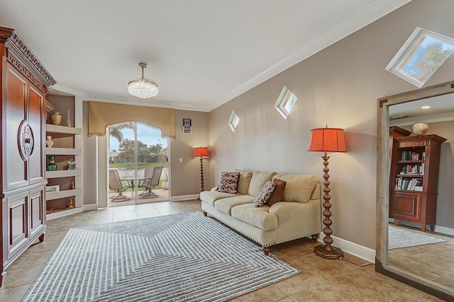 living area with light tile patterned floors, baseboards, and crown molding