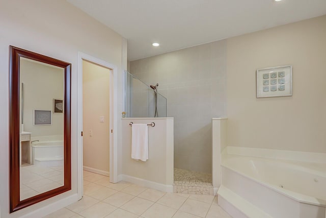 bathroom featuring walk in shower, tile patterned flooring, a garden tub, and recessed lighting