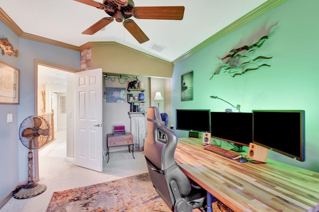 office space with light carpet, lofted ceiling, ceiling fan, and ornamental molding