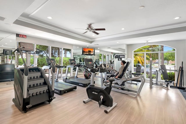 workout area with a tray ceiling, ceiling fan, a healthy amount of sunlight, and light wood-type flooring