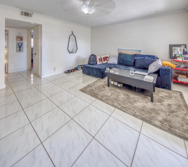 living room with ceiling fan and crown molding