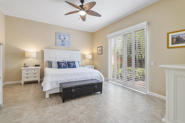 tiled bedroom with access to outside and ceiling fan