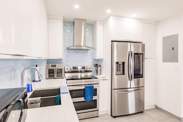 kitchen with stainless steel appliances, sink, wall chimney range hood, white cabinets, and electric panel