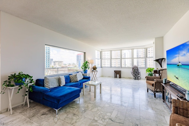 living room featuring plenty of natural light and a textured ceiling