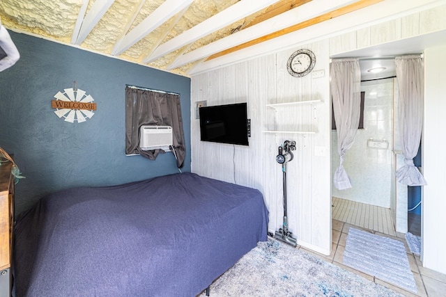 bedroom featuring wood walls and cooling unit