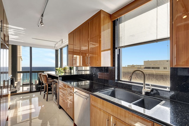 kitchen with a water view, tasteful backsplash, a healthy amount of sunlight, and sink