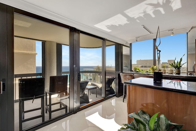 sunroom / solarium featuring a water view and rail lighting