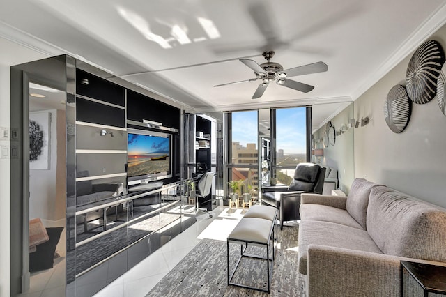 living room featuring tile patterned floors, expansive windows, crown molding, and ceiling fan