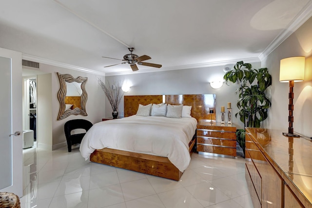 tiled bedroom featuring ceiling fan and ornamental molding