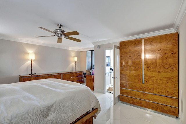 bedroom with ceiling fan, crown molding, and light tile patterned flooring