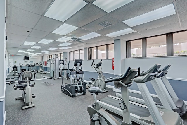 workout area with a wealth of natural light, a drop ceiling, and ceiling fan