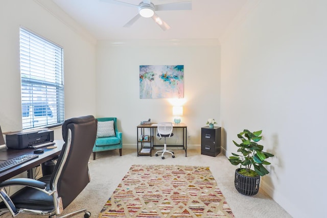 home office with baseboards, ornamental molding, and a ceiling fan