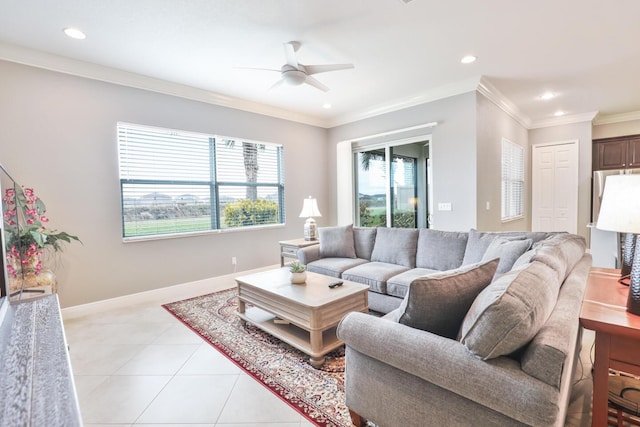 living room featuring crown molding, baseboards, ceiling fan, recessed lighting, and light tile patterned flooring