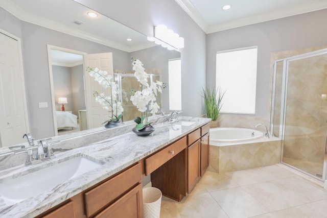 bathroom with independent shower and bath, crown molding, vanity, and tile patterned floors