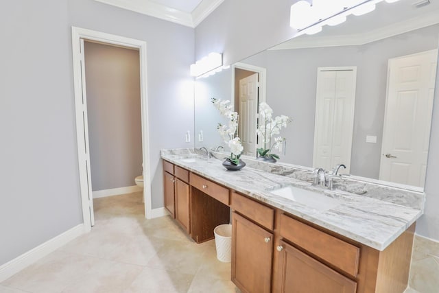 bathroom featuring ornamental molding, toilet, tile patterned flooring, and vanity