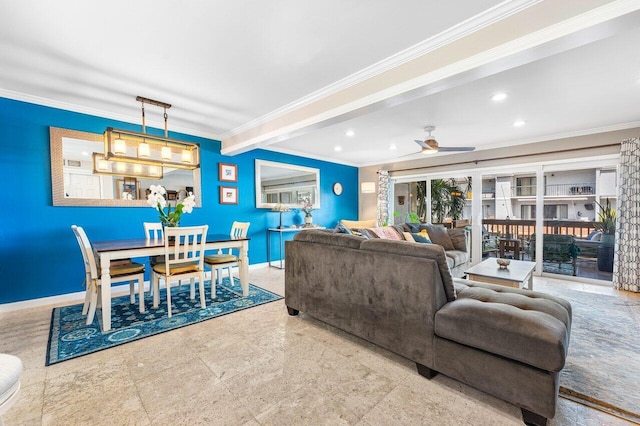 living room with crown molding and ceiling fan with notable chandelier