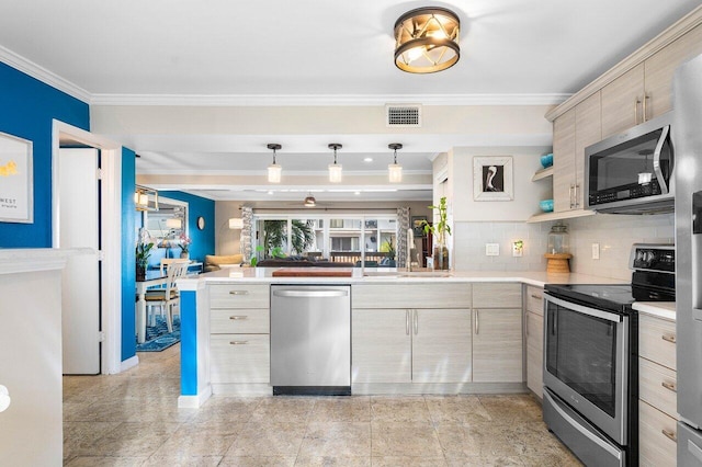 kitchen with pendant lighting, backsplash, light brown cabinetry, kitchen peninsula, and stainless steel appliances