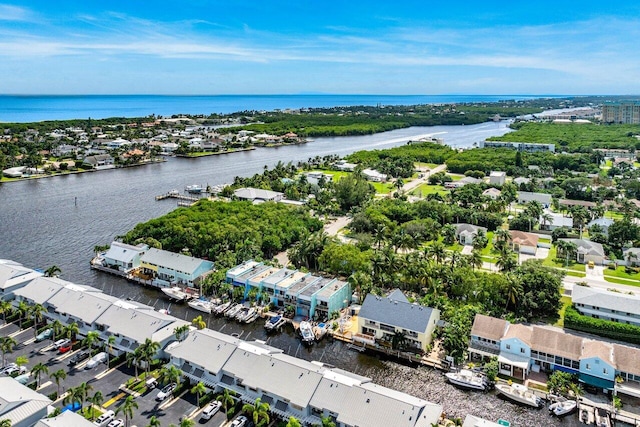 drone / aerial view featuring a water view