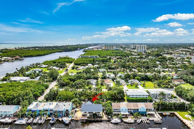 bird's eye view with a water view