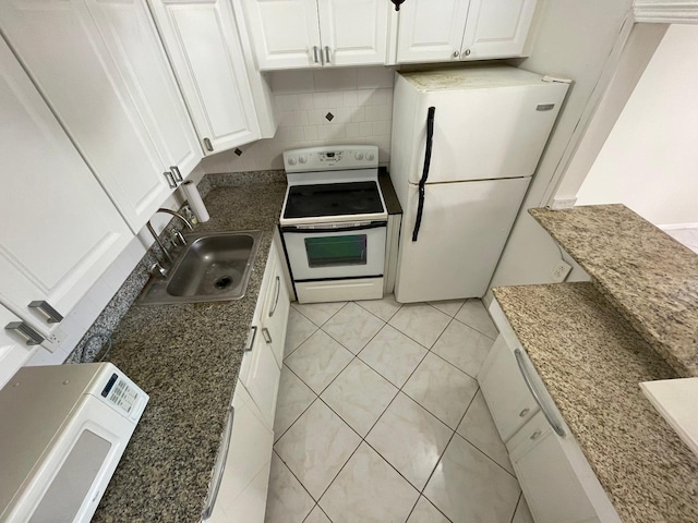 kitchen featuring white cabinetry, sink, backsplash, white appliances, and light tile patterned flooring