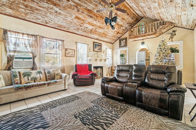 cinema room featuring high vaulted ceiling, cooling unit, ceiling fan, light tile patterned flooring, and wood ceiling