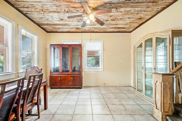 tiled dining area featuring ceiling fan, wood ceiling, and crown molding